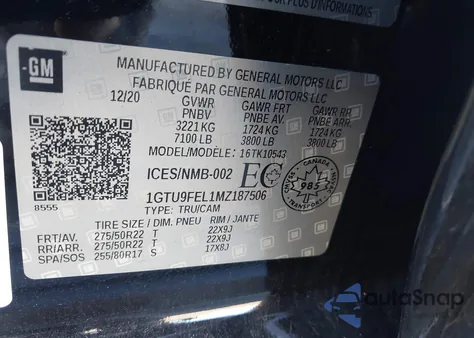 2021 GMC Sierra 1500 Denali z USA, uszkodzony, nr VIN 1GTU9FEL1MZ187506